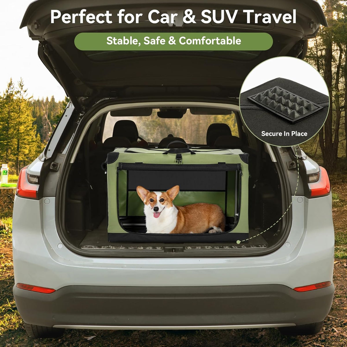 30" Soft Portable Dog Crate – Patented Spiral Sturdy Frame, Collapsible Travel Kennel for Medium Dogs, 3 Mesh Door, Lockable Zippers, Indoor & Car Use Green