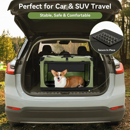 30" Soft Portable Dog Crate – Patented Spiral Sturdy Frame, Collapsible Travel Kennel for Medium Dogs, 3 Mesh Door, Lockable Zippers, Indoor & Car Use Green