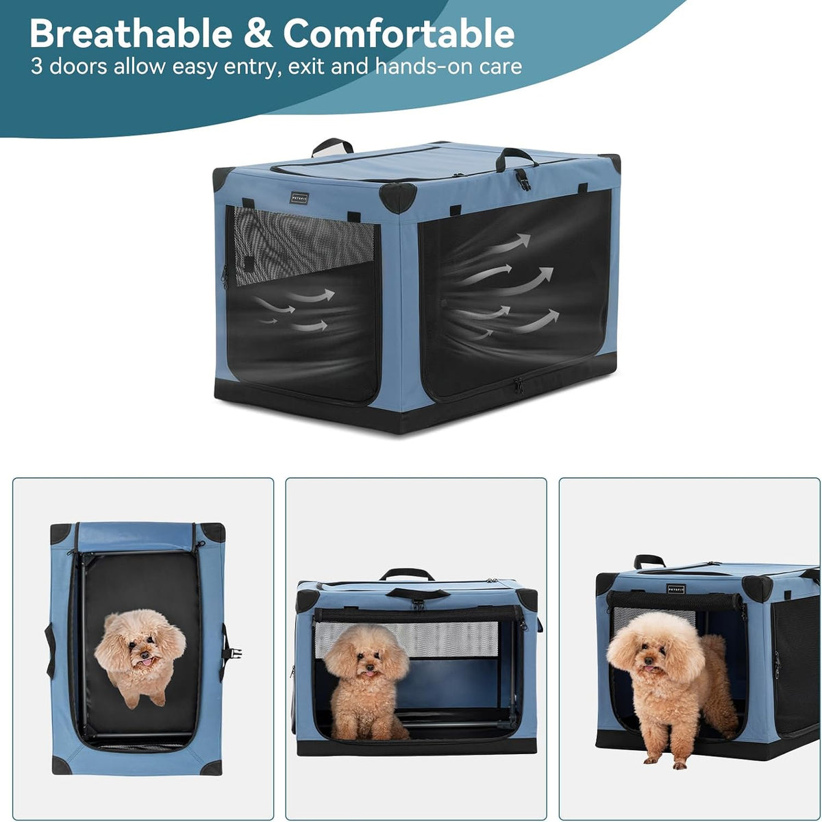 30" Soft Portable Dog Crate – Patented Spiral Sturdy Frame, Collapsible Travel Kennel for Medium Dogs, 3 Mesh Door, Lockable Zippers, Indoor & Car Use Green