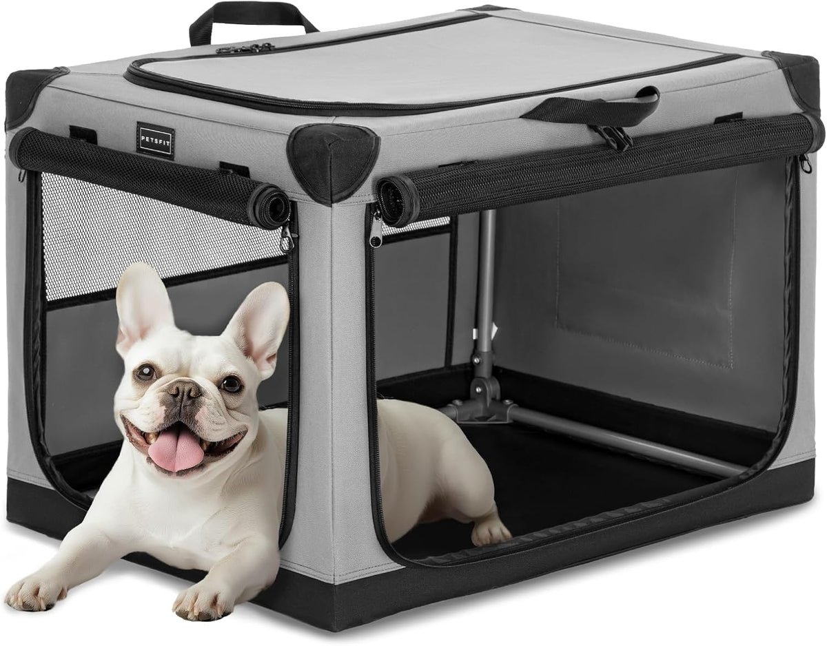 30" Soft Portable Dog Crate – Patented Spiral Sturdy Frame, Collapsible Travel Kennel for Medium Dogs, 3 Mesh Door, Lockable Zippers, Indoor & Car Use Green