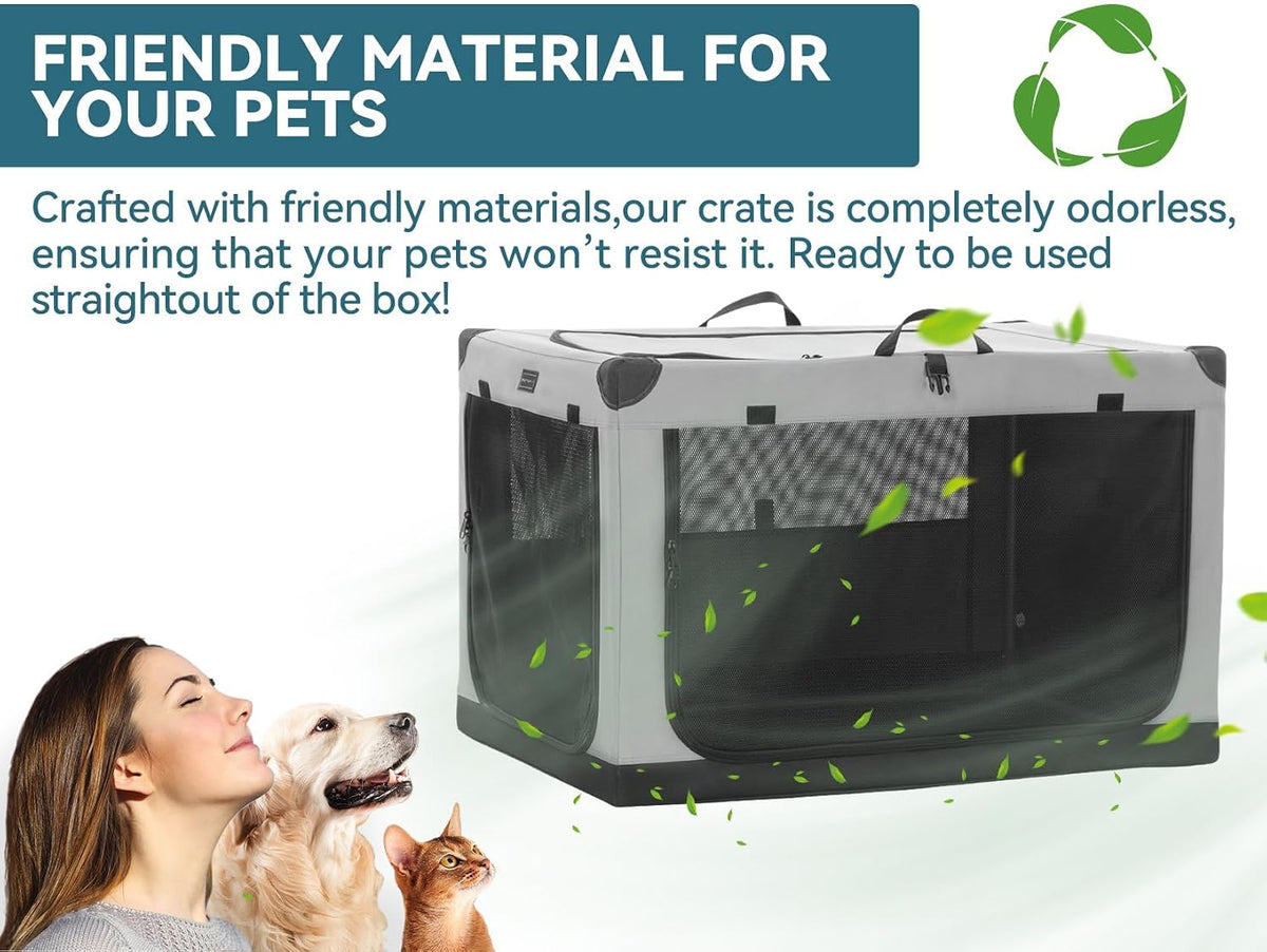 30" Soft Portable Dog Crate – Patented Spiral Sturdy Frame, Collapsible Travel Kennel for Medium Dogs, 3 Mesh Door, Lockable Zippers, Indoor & Car Use Green