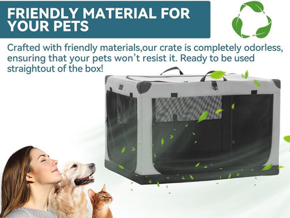 30" Soft Portable Dog Crate – Patented Spiral Sturdy Frame, Collapsible Travel Kennel for Medium Dogs, 3 Mesh Door, Lockable Zippers, Indoor & Car Use Green