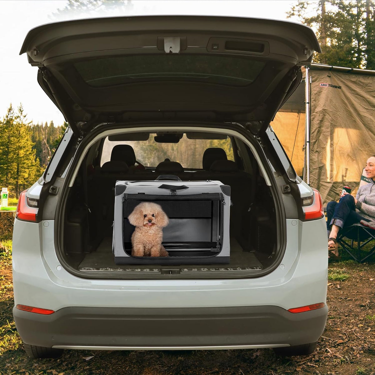 30" Soft Portable Dog Crate – Patented Spiral Sturdy Frame, Collapsible Travel Kennel for Medium Dogs, 3 Mesh Door, Lockable Zippers, Indoor & Car Use Green