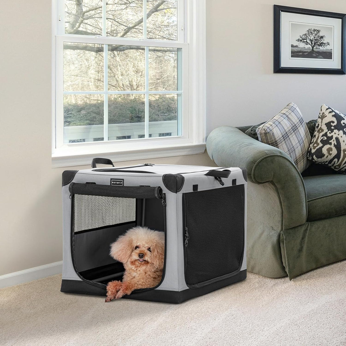 30" Soft Portable Dog Crate – Patented Spiral Sturdy Frame, Collapsible Travel Kennel for Medium Dogs, 3 Mesh Door, Lockable Zippers, Indoor & Car Use Green