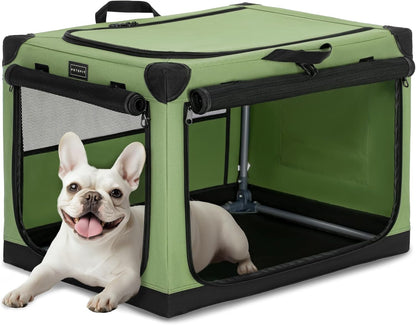 30" Soft Portable Dog Crate – Patented Spiral Sturdy Frame, Collapsible Travel Kennel for Medium Dogs, 3 Mesh Door, Lockable Zippers, Indoor & Car Use Green