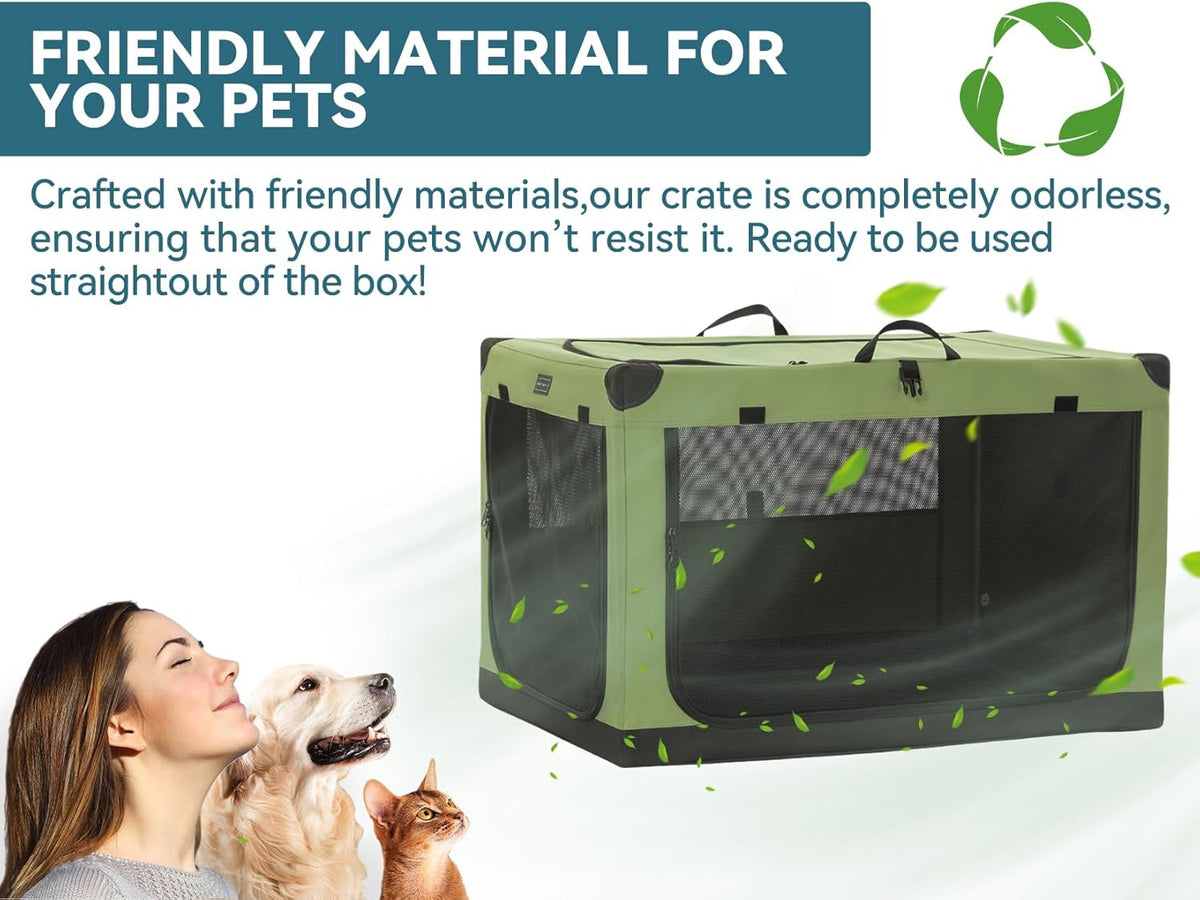 30" Soft Portable Dog Crate – Patented Spiral Sturdy Frame, Collapsible Travel Kennel for Medium Dogs, 3 Mesh Door, Lockable Zippers, Indoor & Car Use Green