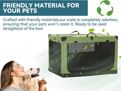 30" Soft Portable Dog Crate – Patented Spiral Sturdy Frame, Collapsible Travel Kennel for Medium Dogs, 3 Mesh Door, Lockable Zippers, Indoor & Car Use Green