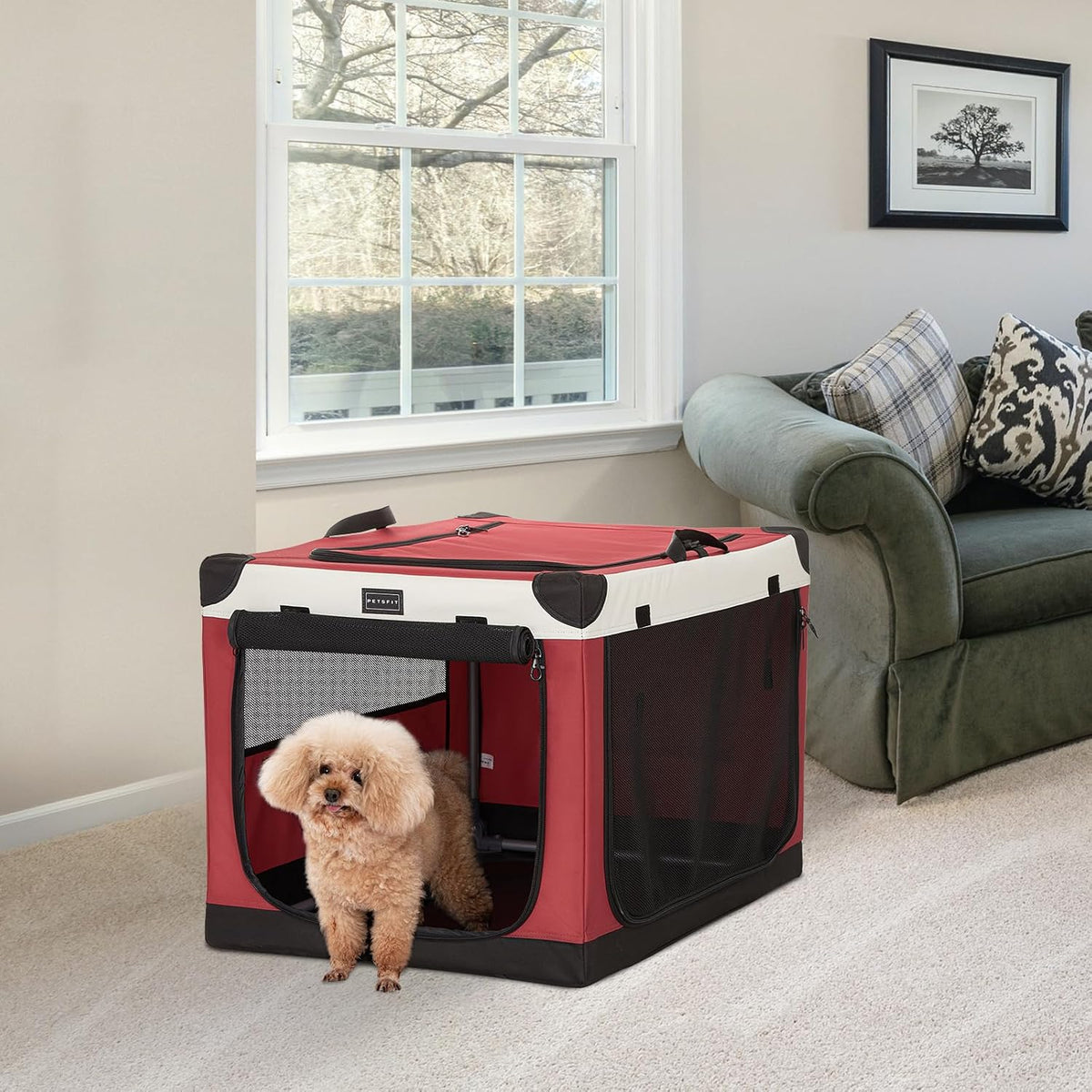 30" Soft Portable Dog Crate – Patented Spiral Sturdy Frame, Collapsible Travel Kennel for Medium Dogs, 3 Mesh Door, Lockable Zippers, Indoor & Car Use Green