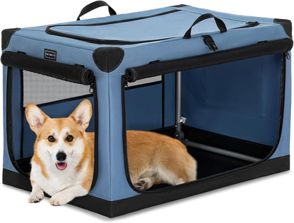 30" Soft Portable Dog Crate – Patented Spiral Sturdy Frame, Collapsible Travel Kennel for Medium Dogs, 3 Mesh Door, Lockable Zippers, Indoor & Car Use Green