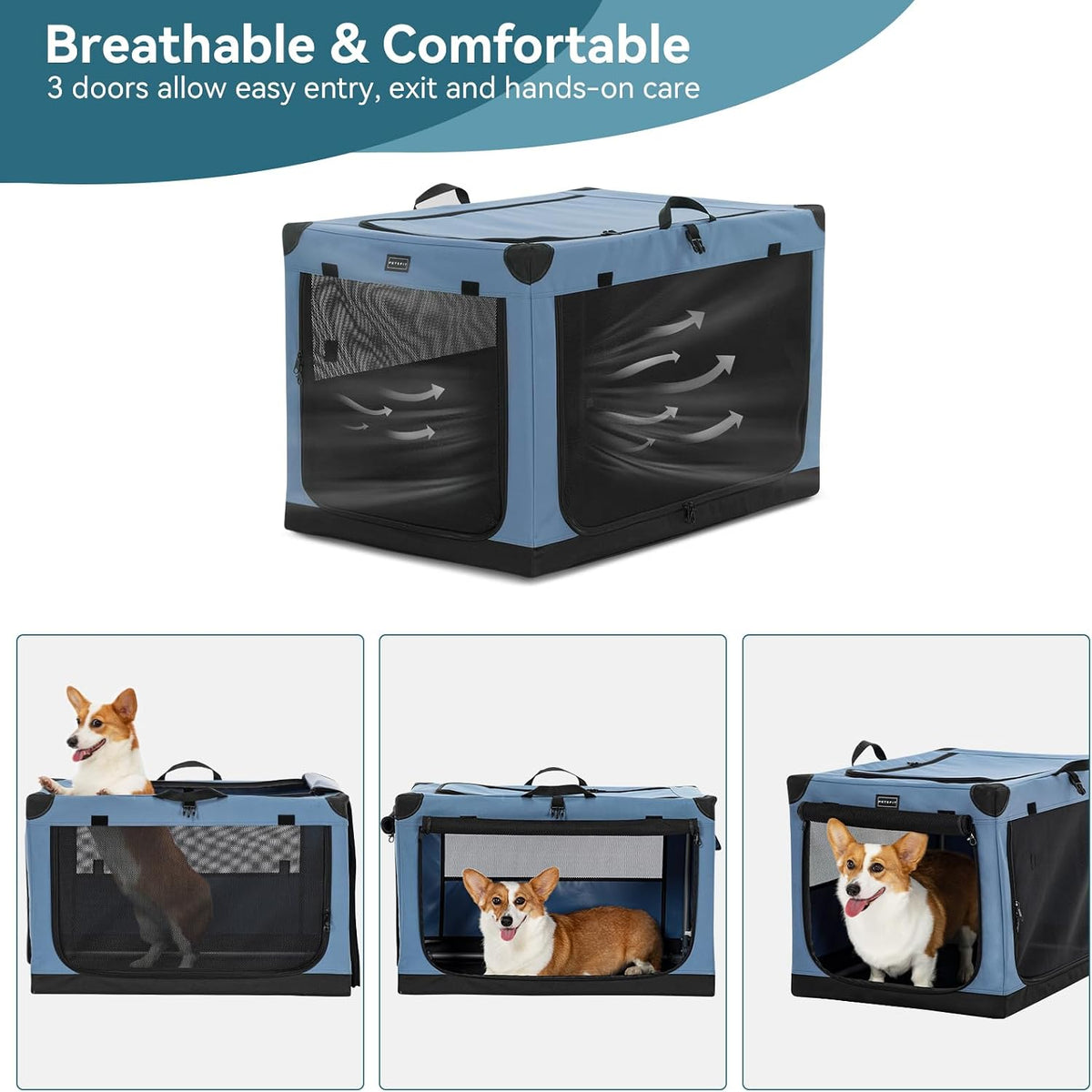 30" Soft Portable Dog Crate – Patented Spiral Sturdy Frame, Collapsible Travel Kennel for Medium Dogs, 3 Mesh Door, Lockable Zippers, Indoor & Car Use Green