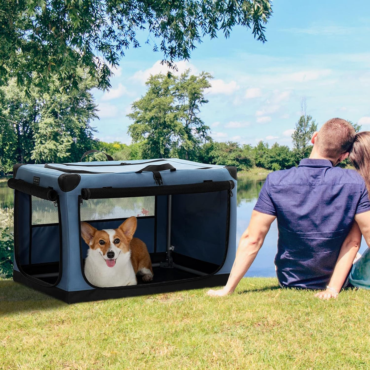 30" Soft Portable Dog Crate – Patented Spiral Sturdy Frame, Collapsible Travel Kennel for Medium Dogs, 3 Mesh Door, Lockable Zippers, Indoor & Car Use Green