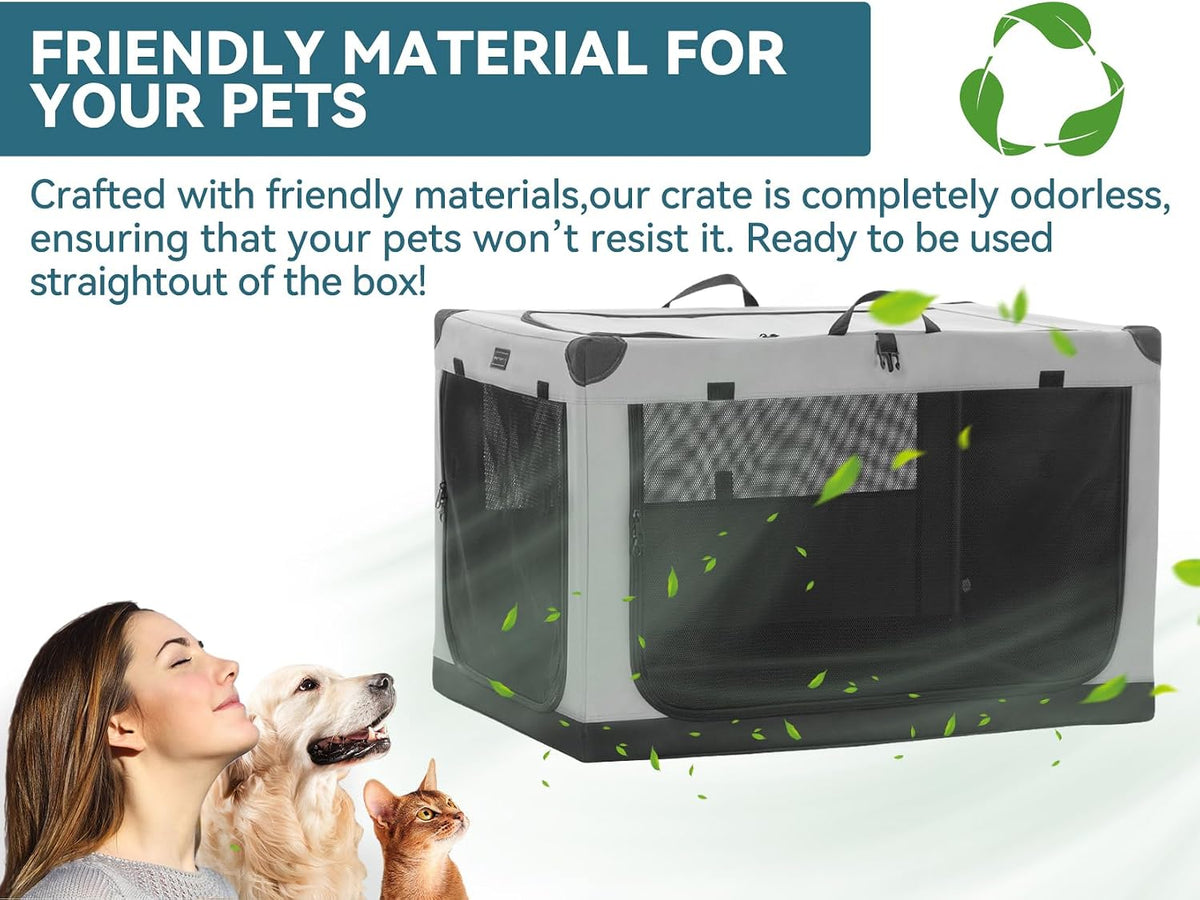 30" Soft Portable Dog Crate – Patented Spiral Sturdy Frame, Collapsible Travel Kennel for Medium Dogs, 3 Mesh Door, Lockable Zippers, Indoor & Car Use Green