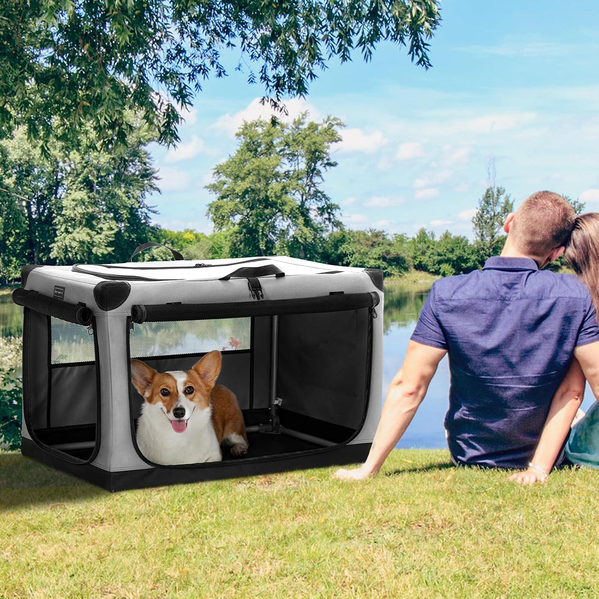 30" Soft Portable Dog Crate – Patented Spiral Sturdy Frame, Collapsible Travel Kennel for Medium Dogs, 3 Mesh Door, Lockable Zippers, Indoor & Car Use Green
