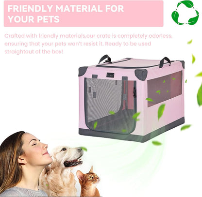30" Soft Portable Dog Crate – Patented Spiral Sturdy Frame, Collapsible Travel Kennel for Medium Dogs, 3 Mesh Door, Lockable Zippers, Indoor & Car Use Green