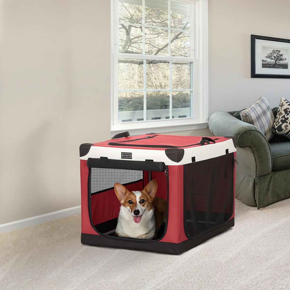 30" Soft Portable Dog Crate – Patented Spiral Sturdy Frame, Collapsible Travel Kennel for Medium Dogs, 3 Mesh Door, Lockable Zippers, Indoor & Car Use Green