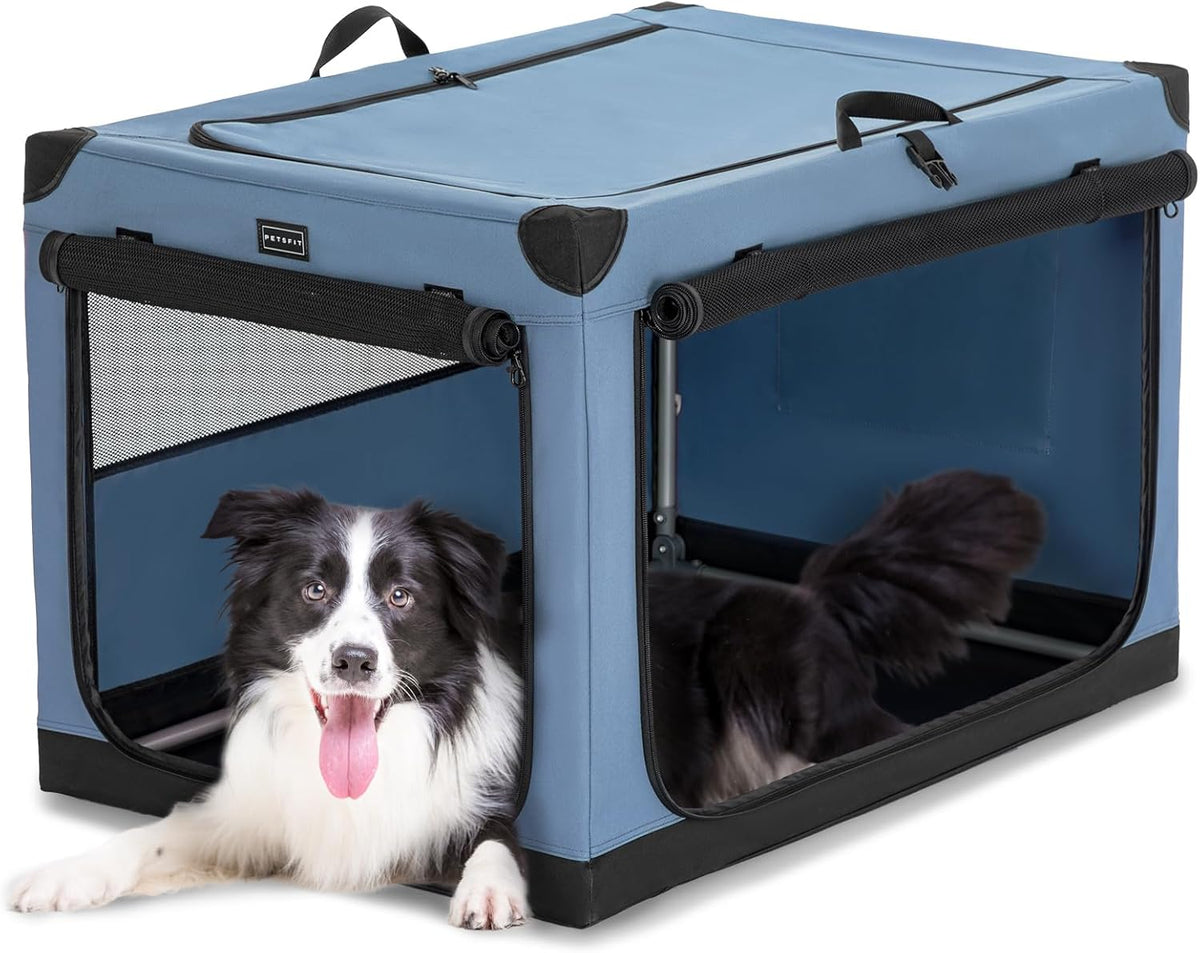 30" Soft Portable Dog Crate – Patented Spiral Sturdy Frame, Collapsible Travel Kennel for Medium Dogs, 3 Mesh Door, Lockable Zippers, Indoor & Car Use Green