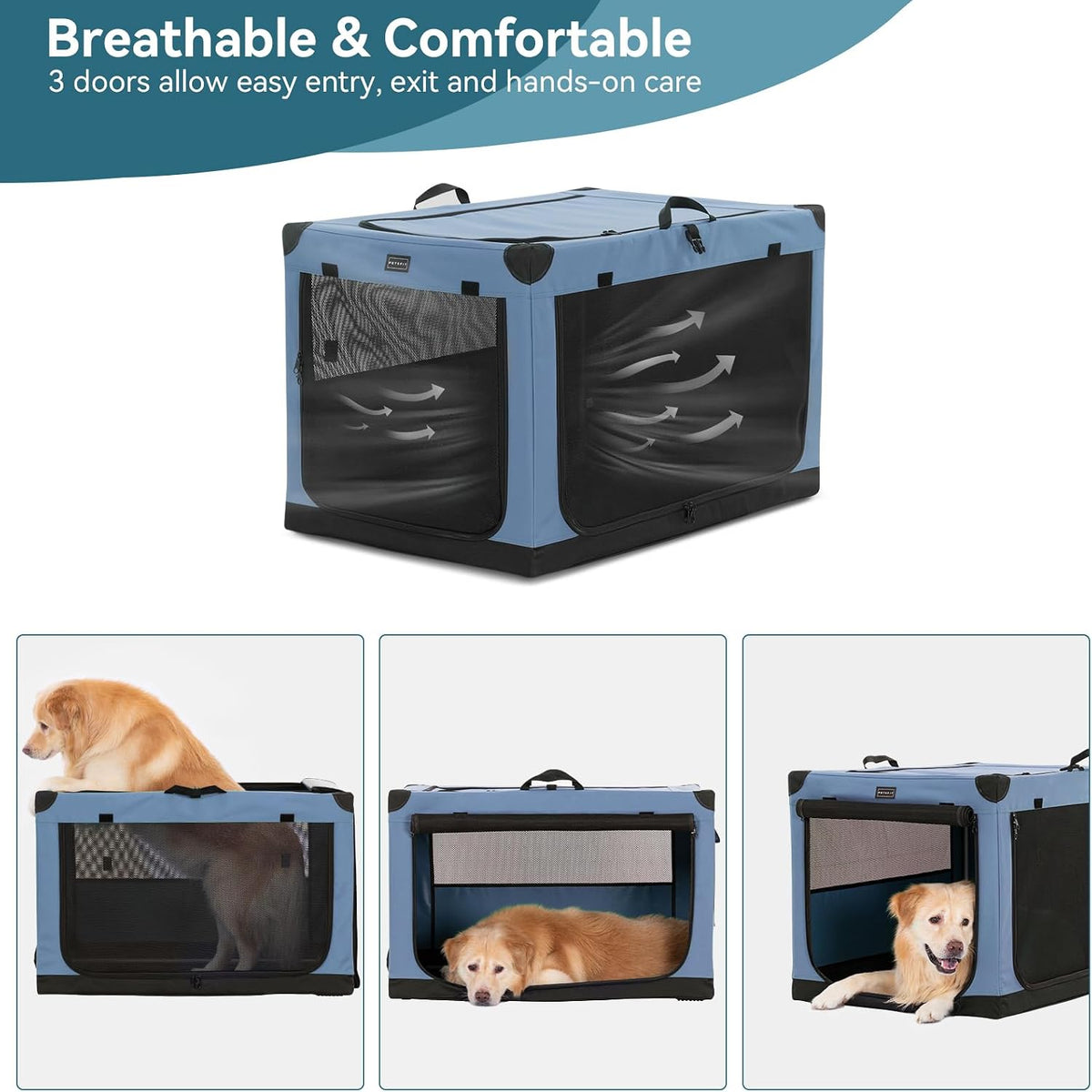 30" Soft Portable Dog Crate – Patented Spiral Sturdy Frame, Collapsible Travel Kennel for Medium Dogs, 3 Mesh Door, Lockable Zippers, Indoor & Car Use Green