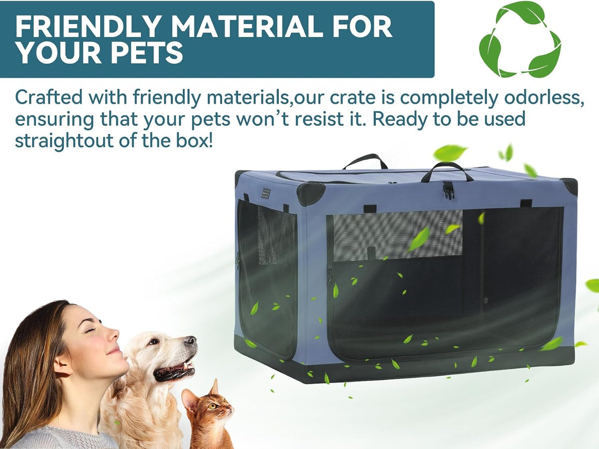 30" Soft Portable Dog Crate – Patented Spiral Sturdy Frame, Collapsible Travel Kennel for Medium Dogs, 3 Mesh Door, Lockable Zippers, Indoor & Car Use Green