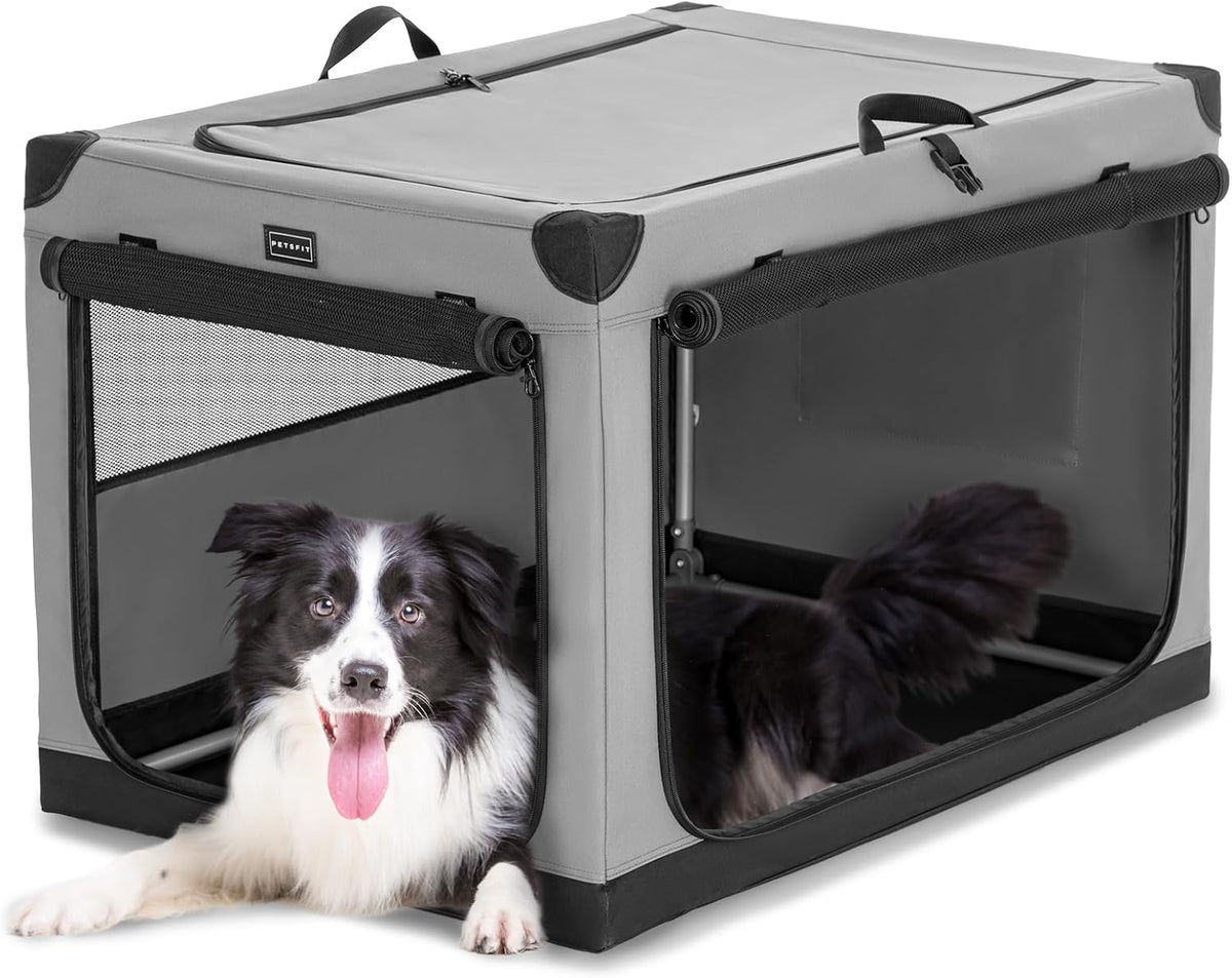 30" Soft Portable Dog Crate – Patented Spiral Sturdy Frame, Collapsible Travel Kennel for Medium Dogs, 3 Mesh Door, Lockable Zippers, Indoor & Car Use Green