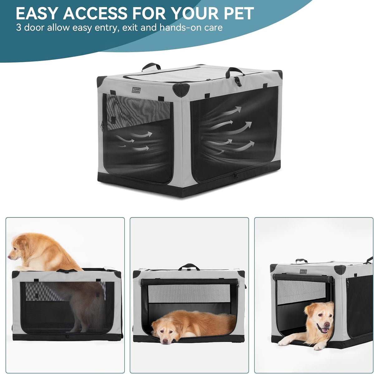 30" Soft Portable Dog Crate – Patented Spiral Sturdy Frame, Collapsible Travel Kennel for Medium Dogs, 3 Mesh Door, Lockable Zippers, Indoor & Car Use Green