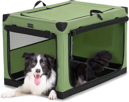 30" Soft Portable Dog Crate – Patented Spiral Sturdy Frame, Collapsible Travel Kennel for Medium Dogs, 3 Mesh Door, Lockable Zippers, Indoor & Car Use Green