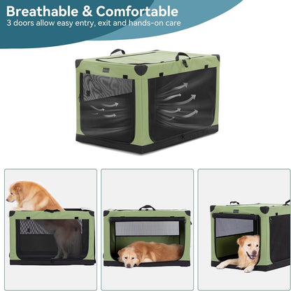 30" Soft Portable Dog Crate – Patented Spiral Sturdy Frame, Collapsible Travel Kennel for Medium Dogs, 3 Mesh Door, Lockable Zippers, Indoor & Car Use Green