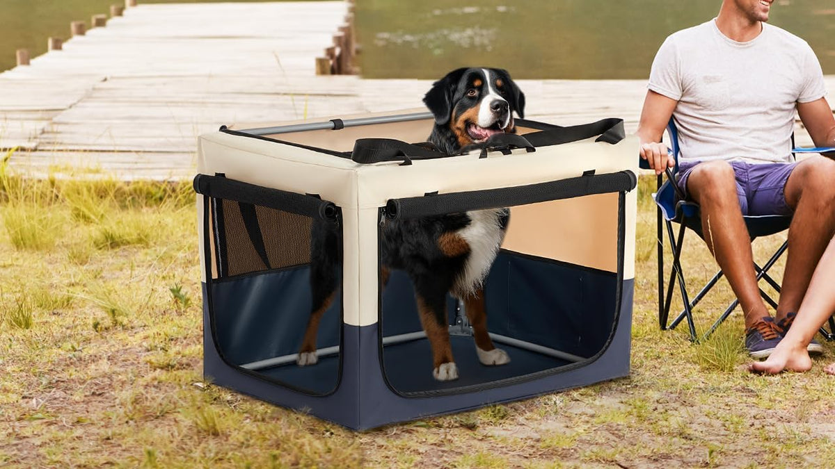 30" Soft Portable Dog Crate – Patented Spiral Sturdy Frame, Collapsible Travel Kennel for Medium Dogs, 3 Mesh Door, Lockable Zippers, Indoor & Car Use Green