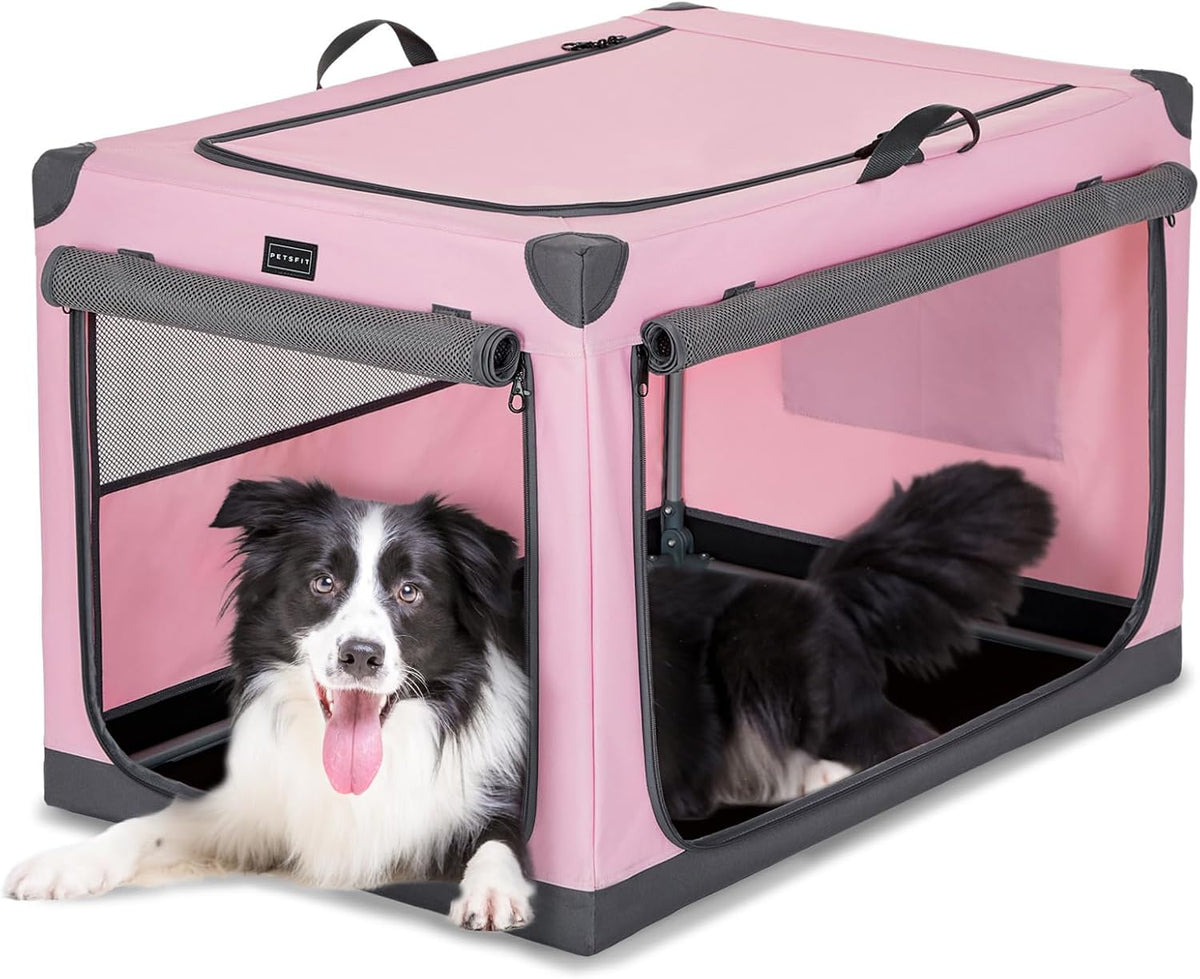30" Soft Portable Dog Crate – Patented Spiral Sturdy Frame, Collapsible Travel Kennel for Medium Dogs, 3 Mesh Door, Lockable Zippers, Indoor & Car Use Green