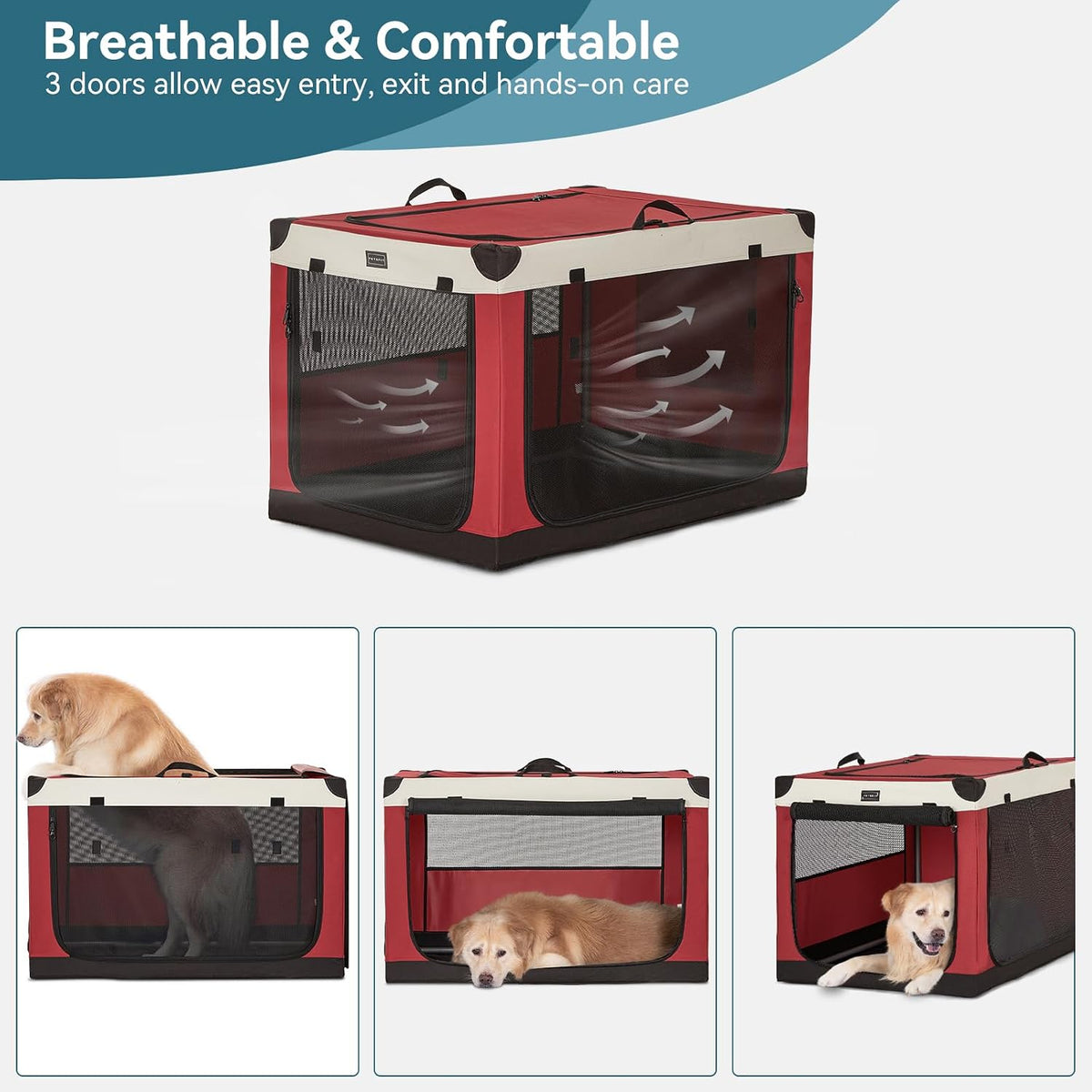 30" Soft Portable Dog Crate – Patented Spiral Sturdy Frame, Collapsible Travel Kennel for Medium Dogs, 3 Mesh Door, Lockable Zippers, Indoor & Car Use Green