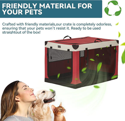 30" Soft Portable Dog Crate – Patented Spiral Sturdy Frame, Collapsible Travel Kennel for Medium Dogs, 3 Mesh Door, Lockable Zippers, Indoor & Car Use Green
