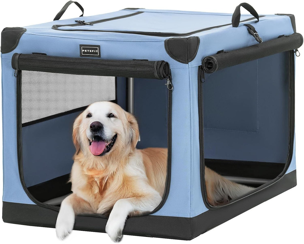 30" Soft Portable Dog Crate – Patented Spiral Sturdy Frame, Collapsible Travel Kennel for Medium Dogs, 3 Mesh Door, Lockable Zippers, Indoor & Car Use Green