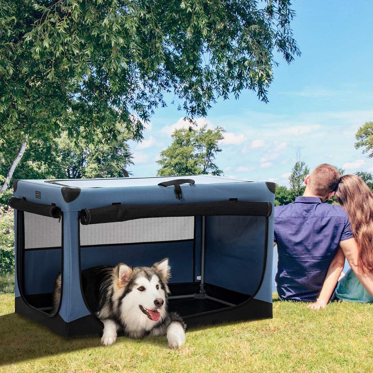 30" Soft Portable Dog Crate – Patented Spiral Sturdy Frame, Collapsible Travel Kennel for Medium Dogs, 3 Mesh Door, Lockable Zippers, Indoor & Car Use Green