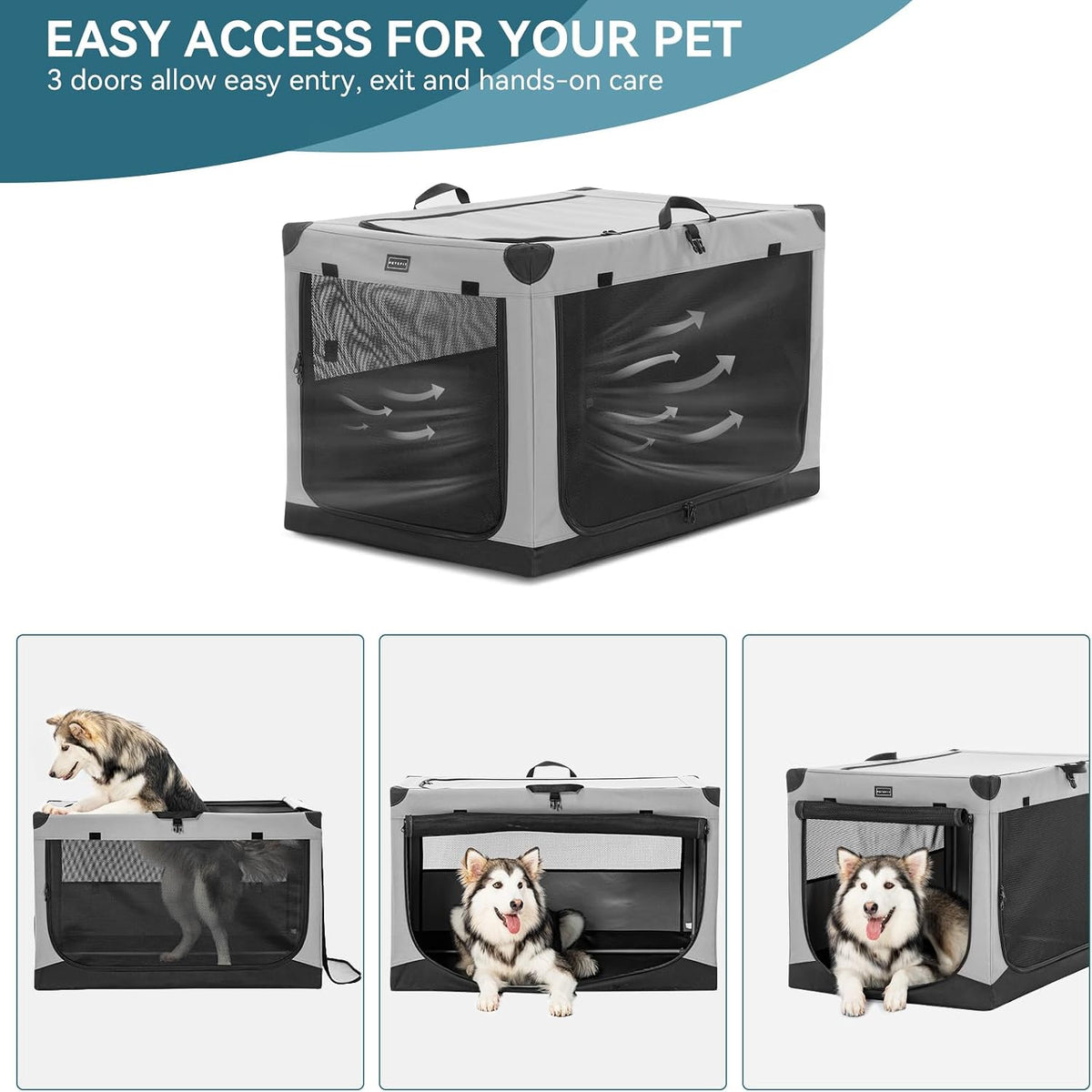 30" Soft Portable Dog Crate – Patented Spiral Sturdy Frame, Collapsible Travel Kennel for Medium Dogs, 3 Mesh Door, Lockable Zippers, Indoor & Car Use Green