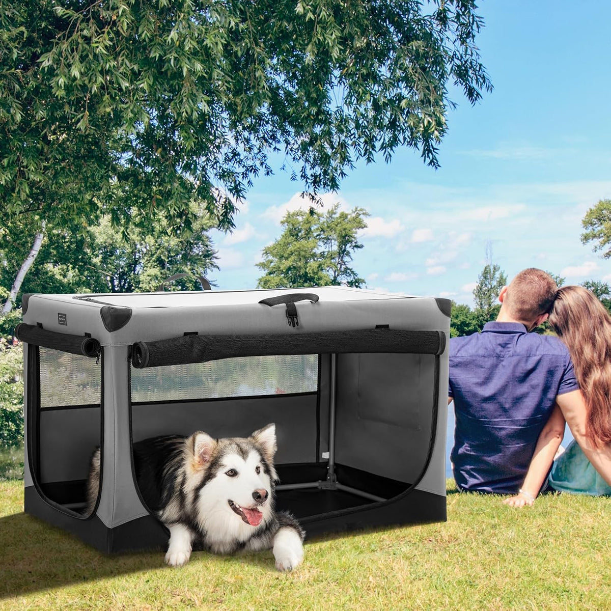 30" Soft Portable Dog Crate – Patented Spiral Sturdy Frame, Collapsible Travel Kennel for Medium Dogs, 3 Mesh Door, Lockable Zippers, Indoor & Car Use Green