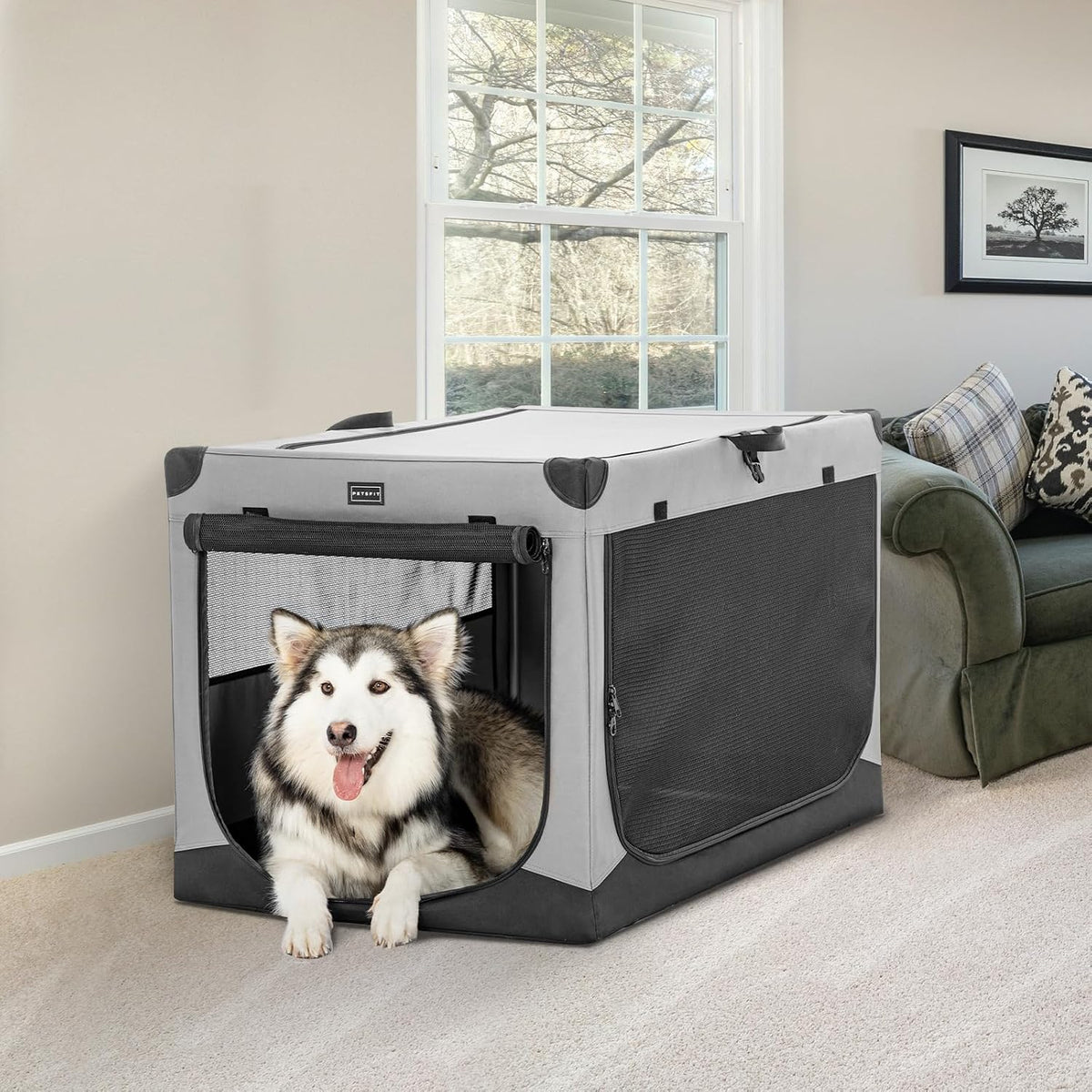 30" Soft Portable Dog Crate – Patented Spiral Sturdy Frame, Collapsible Travel Kennel for Medium Dogs, 3 Mesh Door, Lockable Zippers, Indoor & Car Use Green
