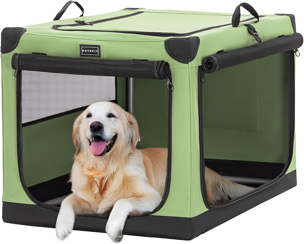 30" Soft Portable Dog Crate – Patented Spiral Sturdy Frame, Collapsible Travel Kennel for Medium Dogs, 3 Mesh Door, Lockable Zippers, Indoor & Car Use Green