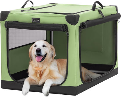 30" Soft Portable Dog Crate – Patented Spiral Sturdy Frame, Collapsible Travel Kennel for Medium Dogs, 3 Mesh Door, Lockable Zippers, Indoor & Car Use Green