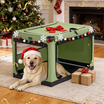 30" Soft Portable Dog Crate – Patented Spiral Sturdy Frame, Collapsible Travel Kennel for Medium Dogs, 3 Mesh Door, Lockable Zippers, Indoor & Car Use Green