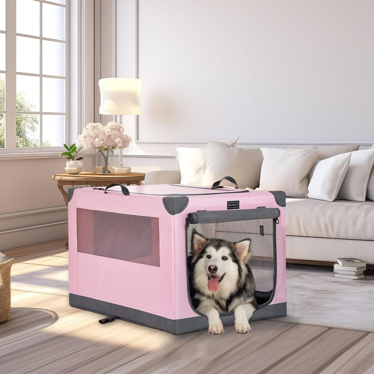 30" Soft Portable Dog Crate – Patented Spiral Sturdy Frame, Collapsible Travel Kennel for Medium Dogs, 3 Mesh Door, Lockable Zippers, Indoor & Car Use Green