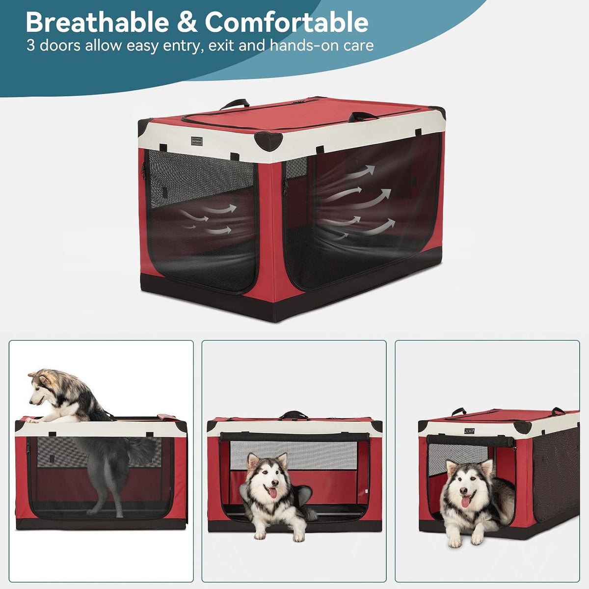 30" Soft Portable Dog Crate – Patented Spiral Sturdy Frame, Collapsible Travel Kennel for Medium Dogs, 3 Mesh Door, Lockable Zippers, Indoor & Car Use Green