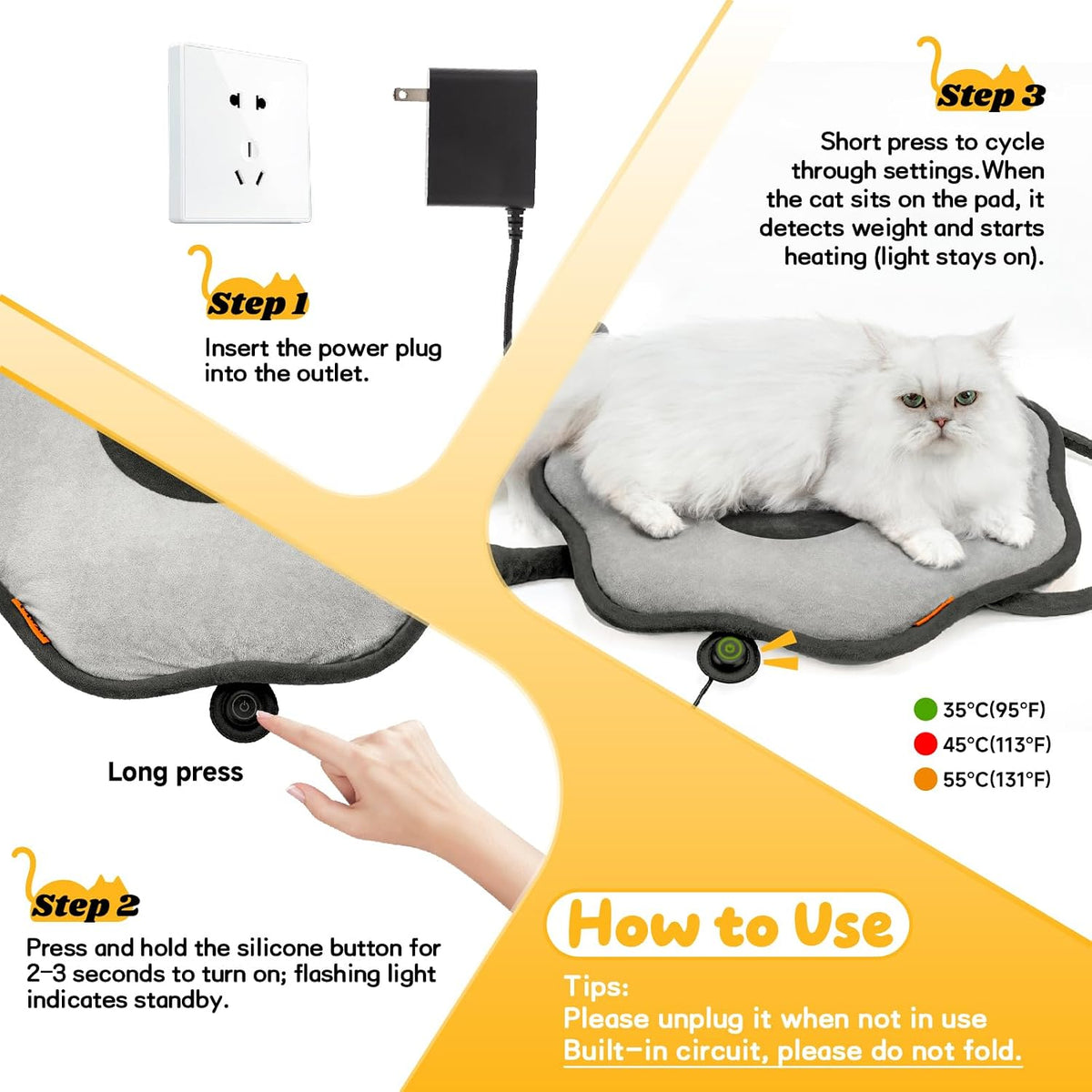 Cat Heating Pad for Indoor Cat Electric Heated Bed Sunflower Grey