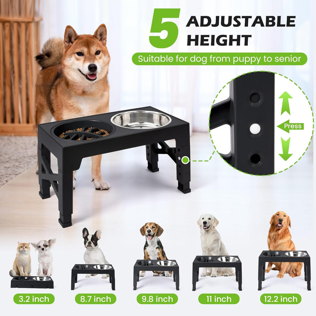 Elevated Dog Bowls with 5 Adjustable Heights Stand