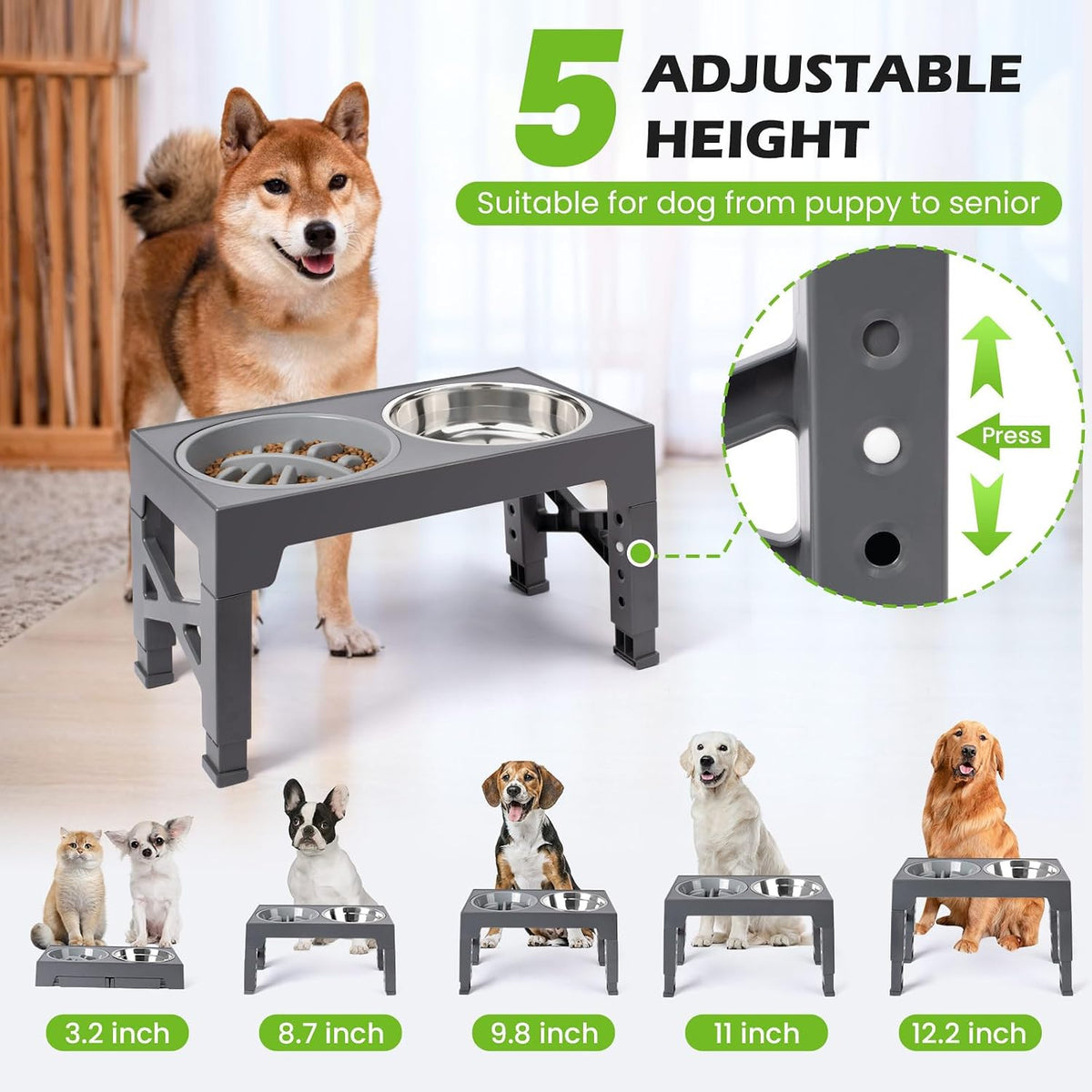 Elevated Dog Bowls with 5 Adjustable Heights Stand