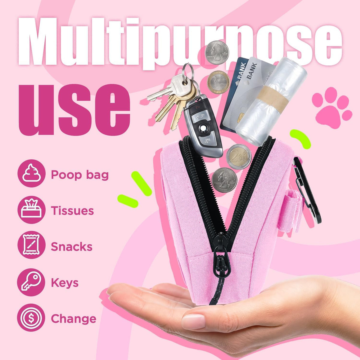 Dog Poop Bag Holder for Various Leashes,Hands Free Dog Bags Holder with Hook loop/Carabiner Clip,Bags Rolls Holder-Large Capacity,Dogs Walking,EXCLUDED