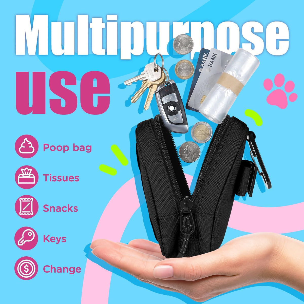 Dog Poop Bag Holder for Various Leashes,Hands Free Dog Bags Holder with Hook loop/Carabiner Clip,Bags Rolls Holder-Large Capacity,Dogs Walking,EXCLUDED