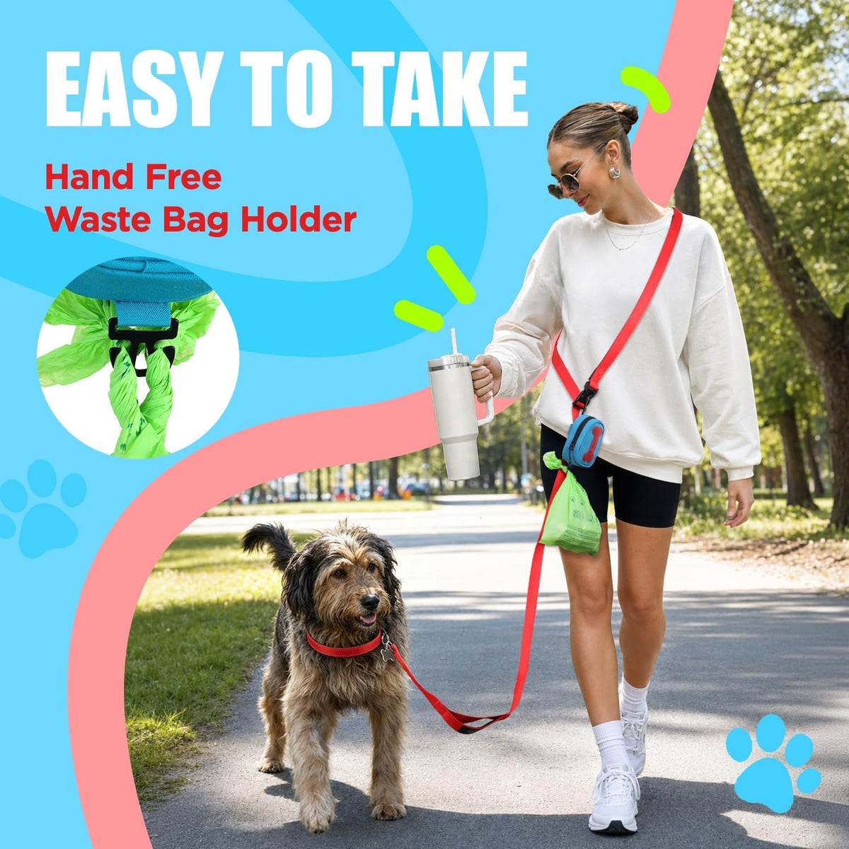 Dog Poop Bag Holder for Various Leashes,Hands Free Dog Bags Holder with Hook loop/Carabiner Clip,Bags Rolls Holder-Large Capacity,Dogs Walking,EXCLUDED