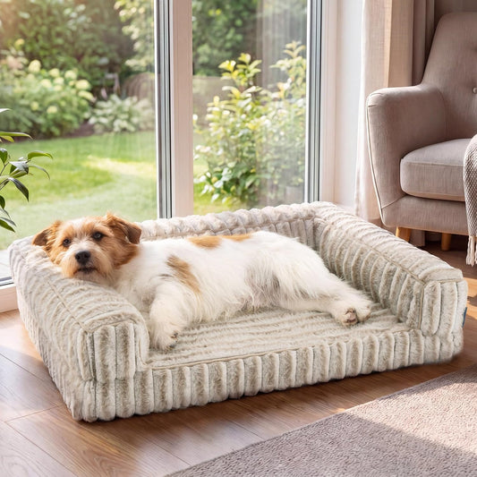 ComfyFleece™ Memory Foam Orthopedic Dog Beds Large Sized Dog 35" | Comfort Egg-Crate Foam Couch Sofa, Washable Corduroy Cover,Cozy Bolstor Waterproof Pet Bed with Sides,Non-Slip Bottom,Grey