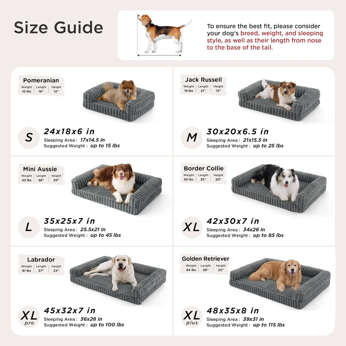 ComfyFleece™ Memory Foam Orthopedic Dog Beds Large Sized Dog 35" | Comfort Egg-Crate Foam Couch Sofa, Washable Corduroy Cover,Cozy Bolstor Waterproof Pet Bed with Sides,Non-Slip Bottom,Grey