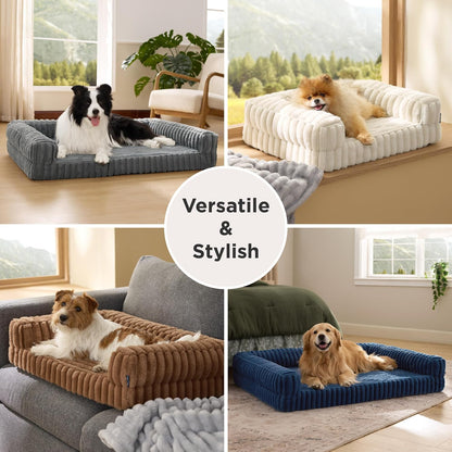 ComfyFleece™ Memory Foam Orthopedic Dog Beds Large Sized Dog 35" | Comfort Egg-Crate Foam Couch Sofa, Washable Corduroy Cover,Cozy Bolstor Waterproof Pet Bed with Sides,Non-Slip Bottom,Grey