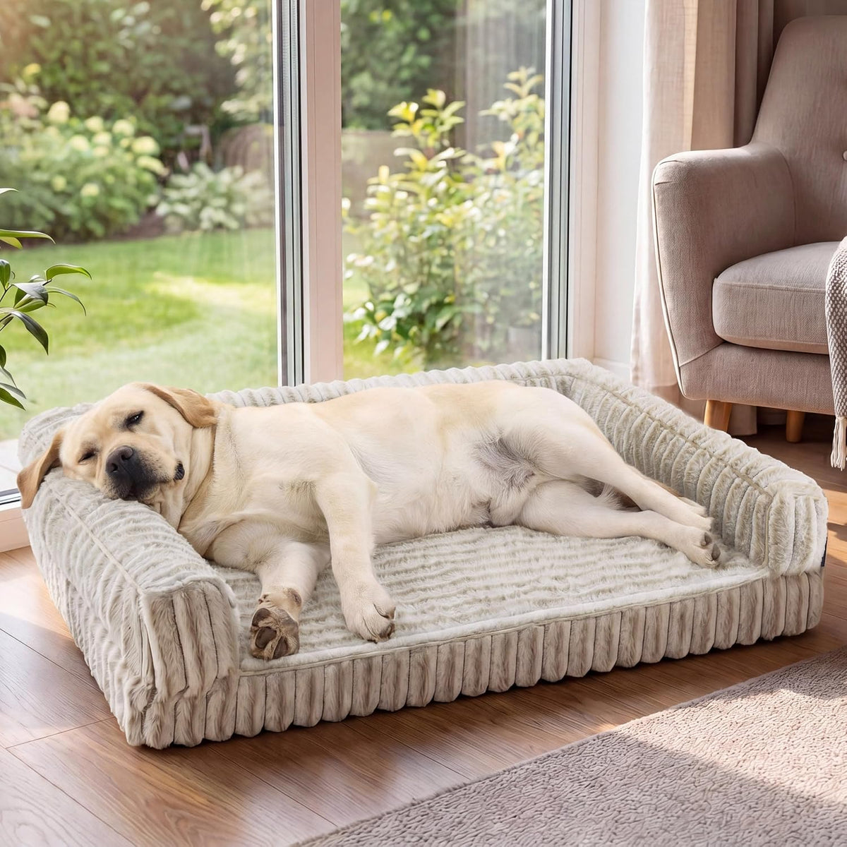 ComfyFleece™ Memory Foam Orthopedic Dog Beds Large Sized Dog 35" | Comfort Egg-Crate Foam Couch Sofa, Washable Corduroy Cover,Cozy Bolstor Waterproof Pet Bed with Sides,Non-Slip Bottom,Grey